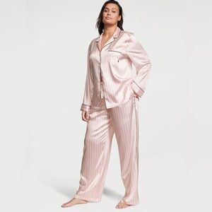 Victoria's Secret Glazed Satin Long Pajama Set PINK ICONIC STRIPES Size Small